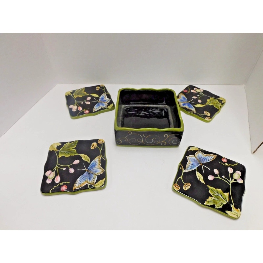 Ceramic Blue Butterfly Floral Print Coaster set (4) DH11